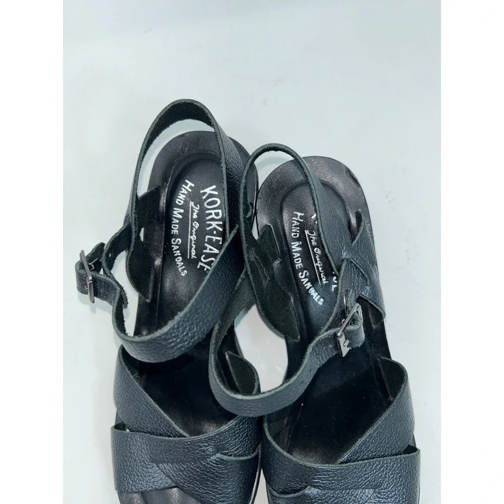 Kork-Ease Black Leather Wedge Sandals Size 6 Adjustable Ankle Strap made Brazil